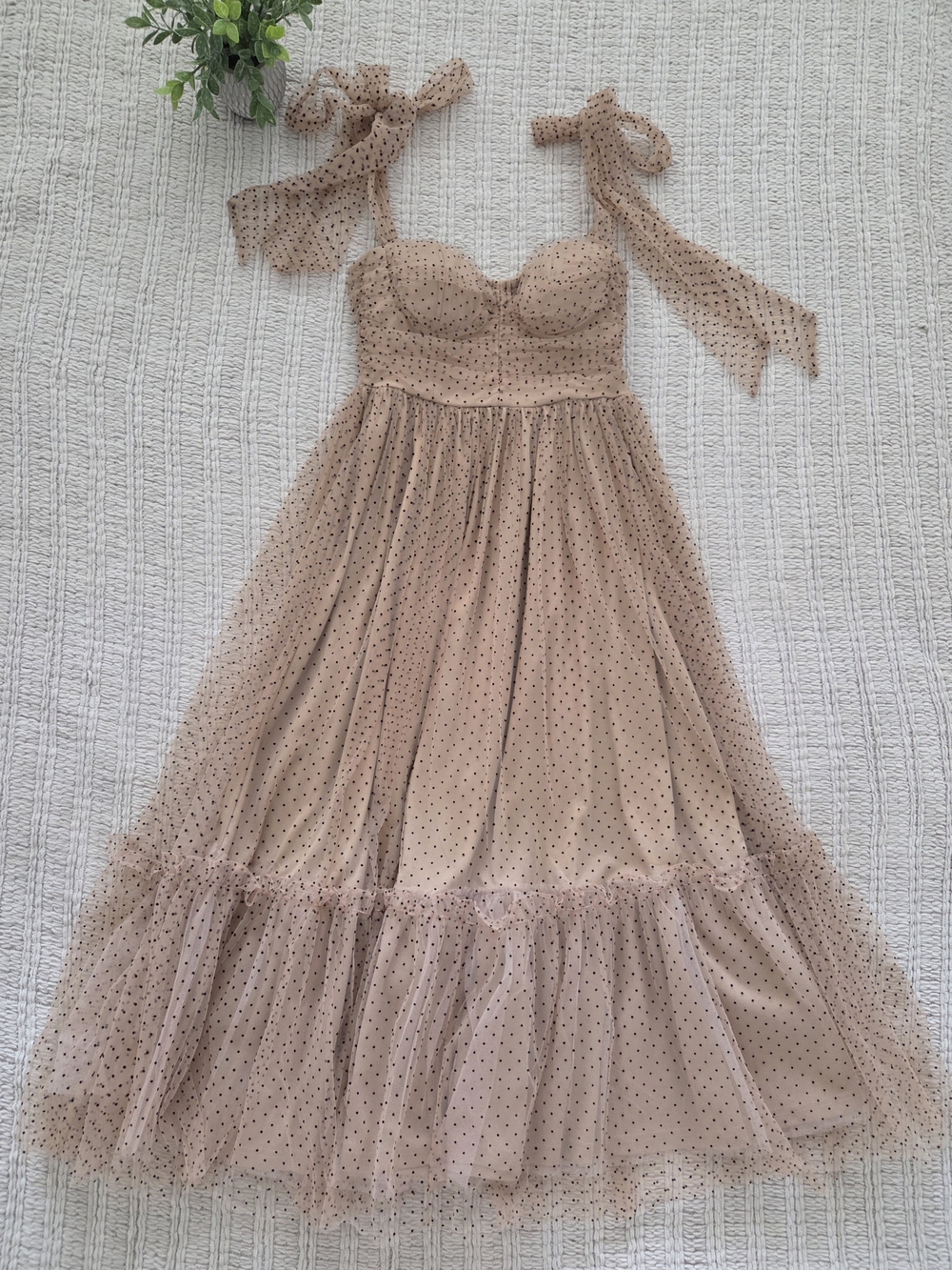 MARBLE Nude Polka Dot Tulle Tie-Shoulder Formal Dress